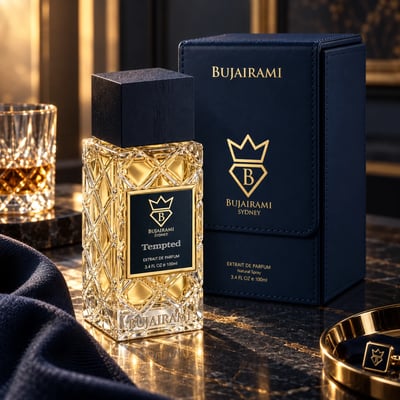 Bujairami Tempted by Bujairami 100ml Extrait Unisex — Gold-toned faceted glass perfume bottle with a dark textured cap, featuring a black label with gold crown and text.