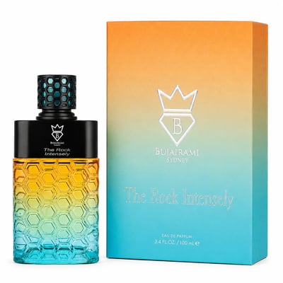 Bujairami The Rock Intensely by Bujairami 100ml EDP — A hexagonal patterned glass perfume bottle with a gradient of yellow to blue, next to its matching orange and blue gradient box with honeycomb pattern.