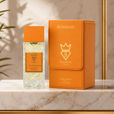 Bujairami Too Damn Good — Orange cap perfume bottle and matching orange presentation box with gold logo on a marble surface, with a plant shadow in the background.