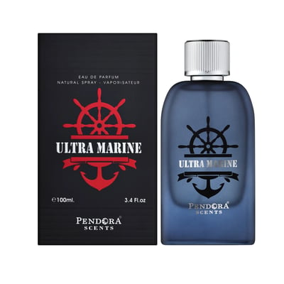Pendora Ultra Marine 100ml — A blue glass perfume bottle and its black box packaging, both featuring a red ship's wheel and anchor emblem. | Pendora Ultra Marine 100ml — Botol kaca biru dan kotak pembungkusan hitamnya, kedua-duanya menampilkan lambang roda kapal dan sauh merah.