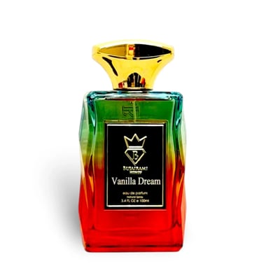 Bujairami Vanilla Dream Eau de Parfum — A gradient glass bottle with red, green, and blue hues, topped with a gold cap. Features a black label with gold text and crown logo.