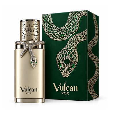 French Avenue Vulcan Vox — Gold bottle with a silver snake coiled around the neck, green box with a gold snake design, white background.