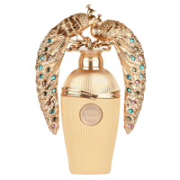 Lattafa Afeef by Lattafa 100ml EDP — Gold perfume bottle with ornate gold peacock design encrusted with colorful gems, set against a white background.