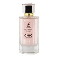 Maison Alhambra Chic Velvet Pink Secret for Women 100ml — A pink cylindrical box stands next to a clear glass perfume bottle with a black cap and gold accents. The box and bottle label feature a deer silhouette and the text "Velvet Pink Secret" and "Chic Eau de parfum". | Maison Alhambra Chic Velvet Pink Secret for