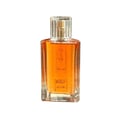 Al Rehab Choco Musk by Al Rehab 50ml EDP Unisex — A clear glass perfume bottle with amber liquid, a clear faceted cap, and red text labels on the front. | Al Rehab Choco Musk by Al Rehab 50ml EDP Unisex — Botol minyak wangi kaca jernih berisi cecair berwarna ambar, penutup faset jernih, dan label teks merah di