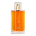 Al Rehab Choco Musk by Al Rehab 50ml EDP Unisex — A clear glass perfume bottle with orange liquid, gold spray nozzle, and a clear cap, featuring vertical text and a logo at the bottom. | Al Rehab Choco Musk by Al Rehab 50ml EDP Unisex — Botol minyak wangi kaca jernih dengan cecair oren, muncung semburan emas, dan