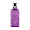 Maison Alhambra Delilah Viola 100ml — A purple glass perfume bottle with a silver cap, featuring a silver crest and a deer silhouette on the front. | Maison Alhambra Delilah Viola 100ml — Botol kaca ungu dengan penutup perak, menampilkan lambang perak dan siluet rusa di bahagian hadapan.