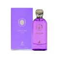 Maison Alhambra Delilah Viola 100ml — A purple glass perfume bottle with a gold cap sits next to its matching purple box, both featuring gold text and a deer emblem. | Maison Alhambra Delilah Viola 100ml — Botol kaca ungu dengan penutup emas duduk bersebelahan dengan kotak ungu yang sepadan, kedua-duanya menampilkan