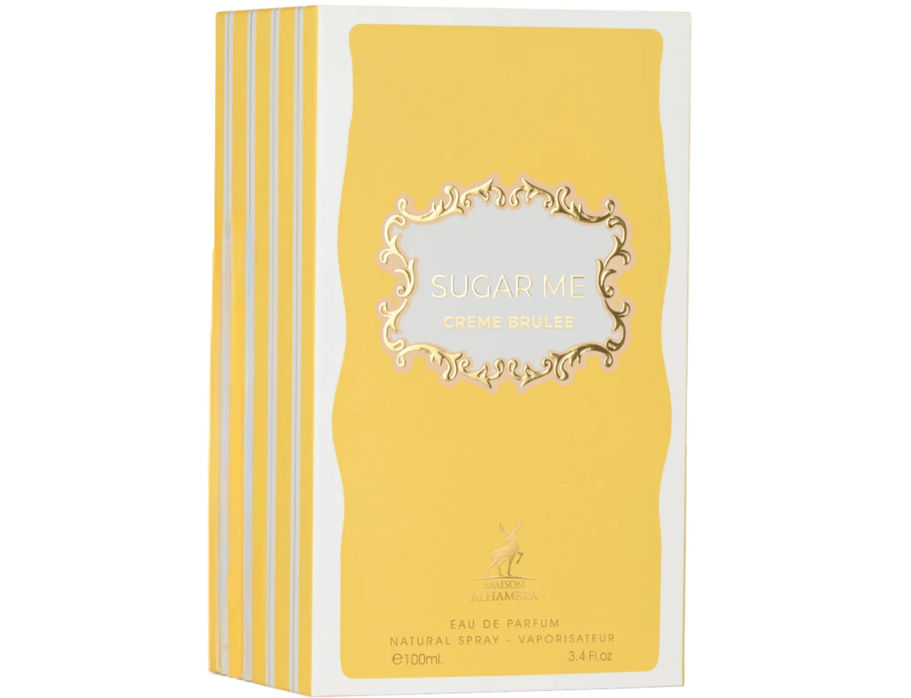 Maison Alhambra Sugar Me Creme Brulee — Kotak minyak wangi kuning dengan bingkai hiasan emas dan butiran teks, menampilkan logo jenama di bahagian bawah.