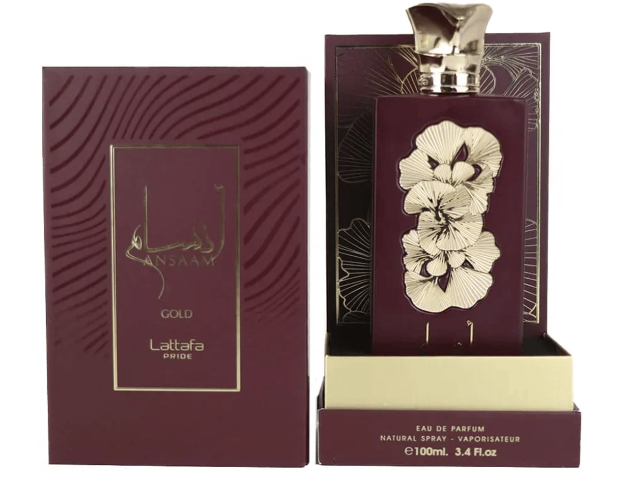 Lattafa Pride Ansaam Gold — Maroon box with wavy gold lines, gold floral design on maroon perfume bottle, gold cap, presented in a gold-lined box.