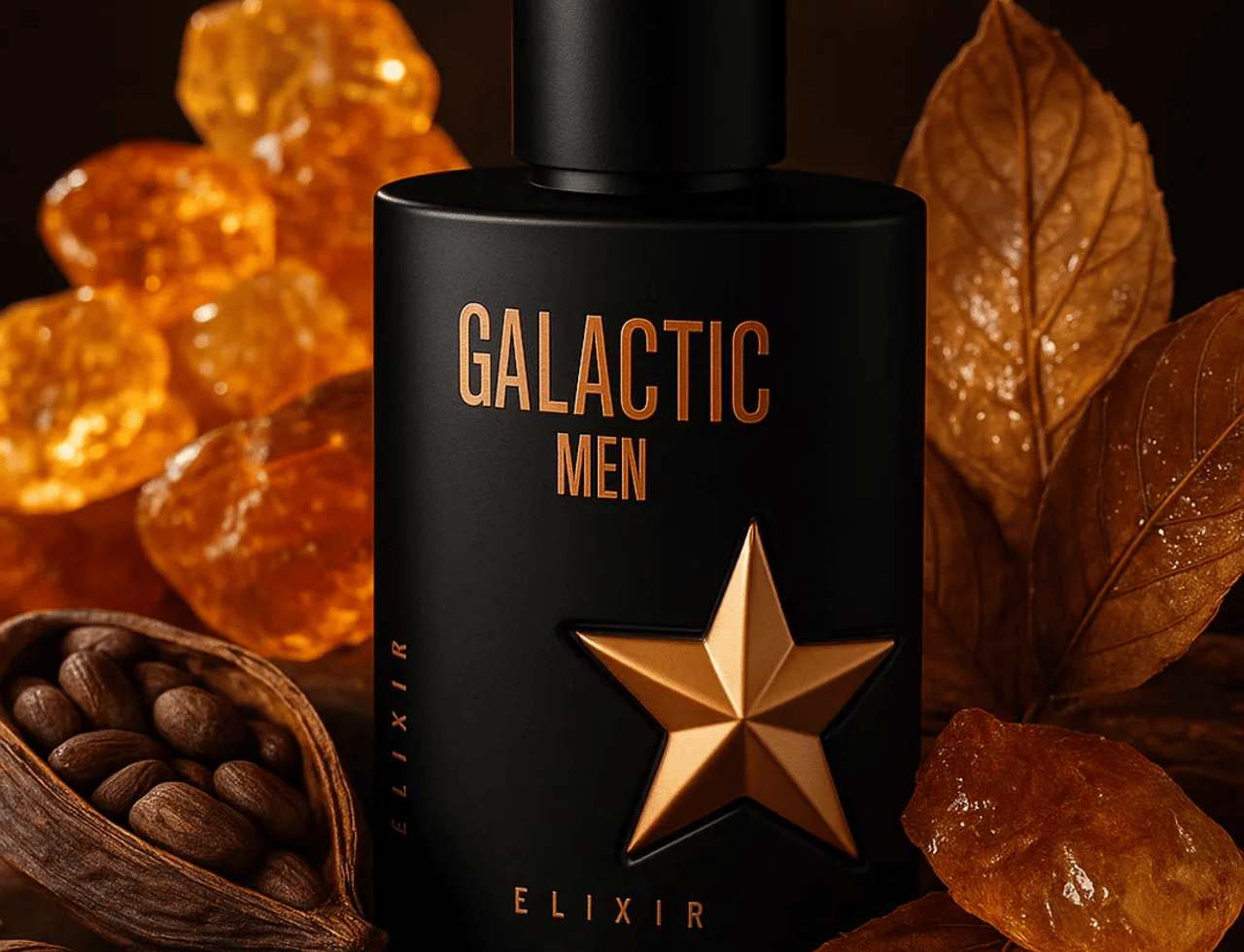 Maison Alhambra Galactic Man Elixir — Black bottle with gold star emblem, surrounded by amber crystals, cocoa pods, and dried leaves.
