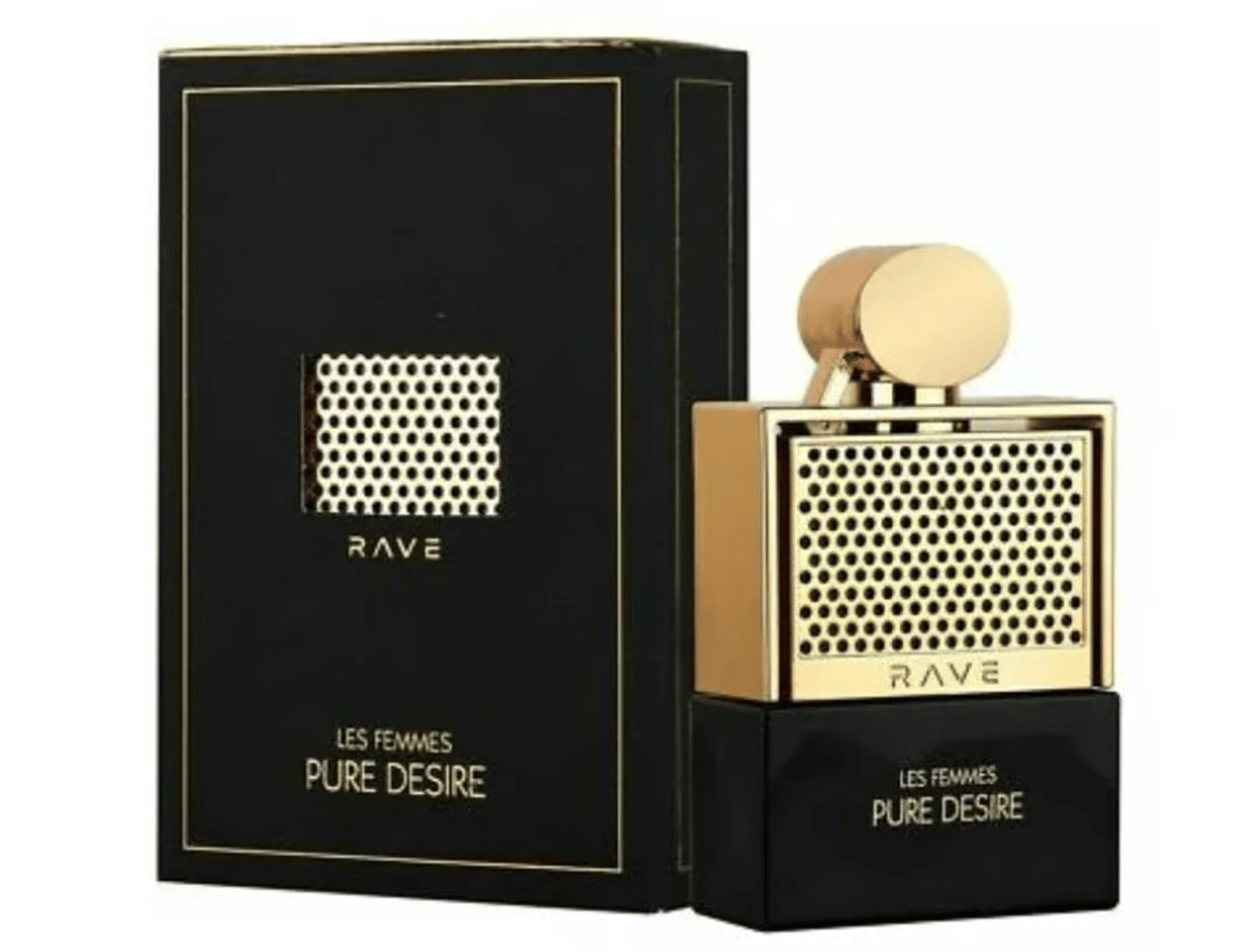 Rave Nuit Parfaite by Rave 100ml EDP — Kotak hitam dengan aksen emas dan botol minyak wangi beraksen emas bertutup emas, dipamerkan bersama di atas latar putih.