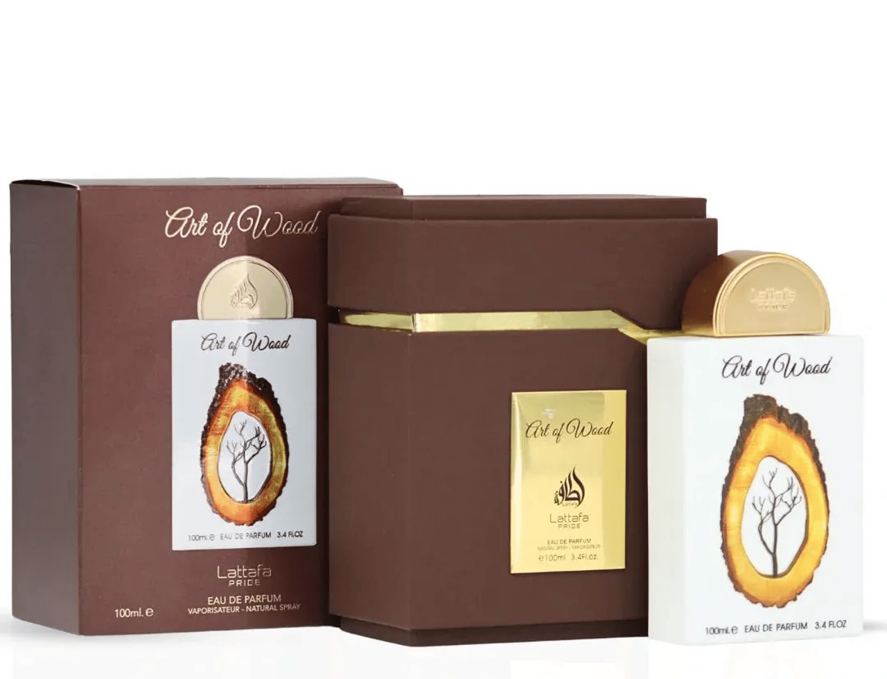 Lattafa Pride Art of Wood by Lattafa Pride 100ml EDP — Two boxes and a perfume bottle with gold accents and wood grain design on a white background.
