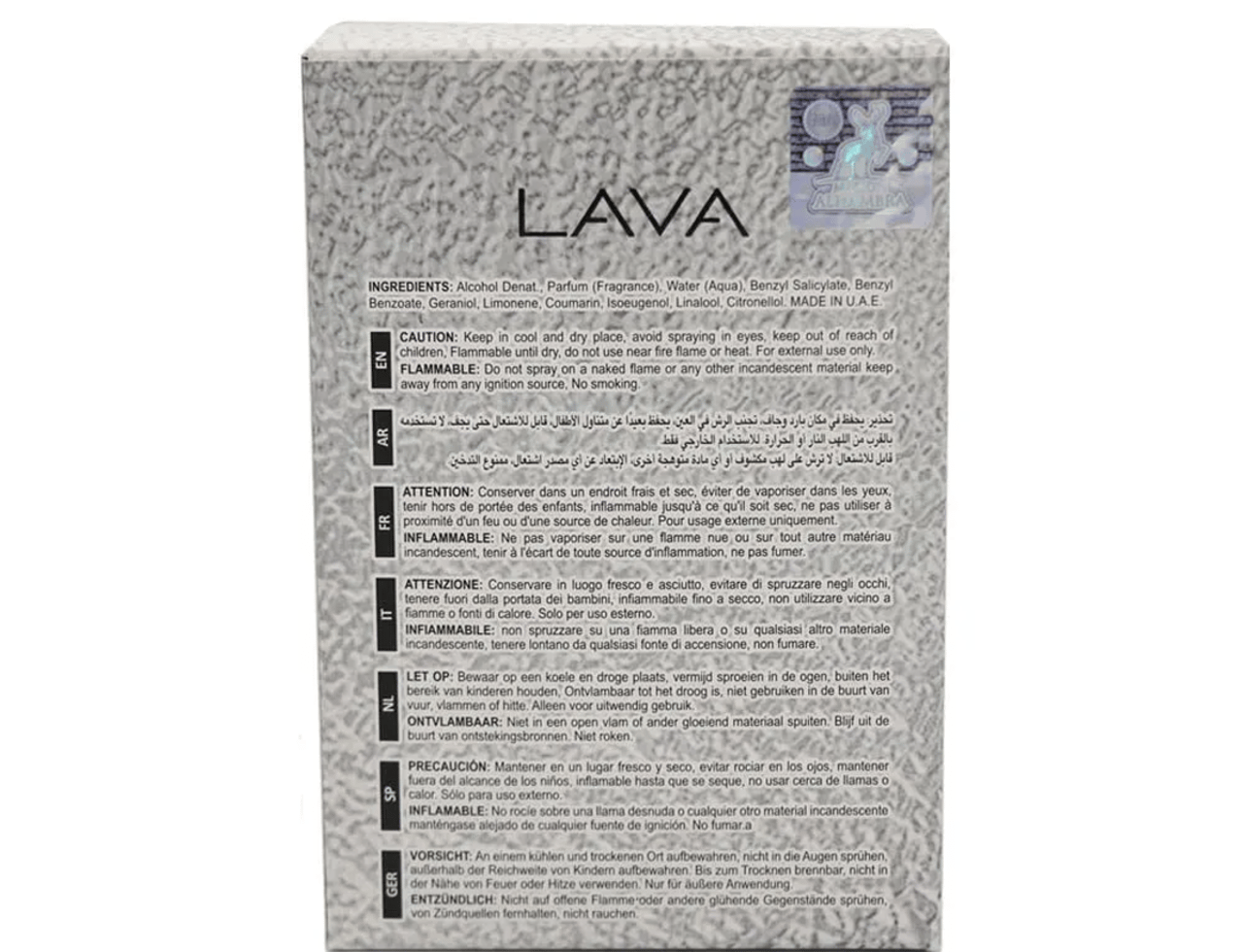 Maison Alhambra Lava by Maison Alhambra 100ml EDP — Close-up of the product box with text and branding visible, showing ingredients and warnings in multiple languages.