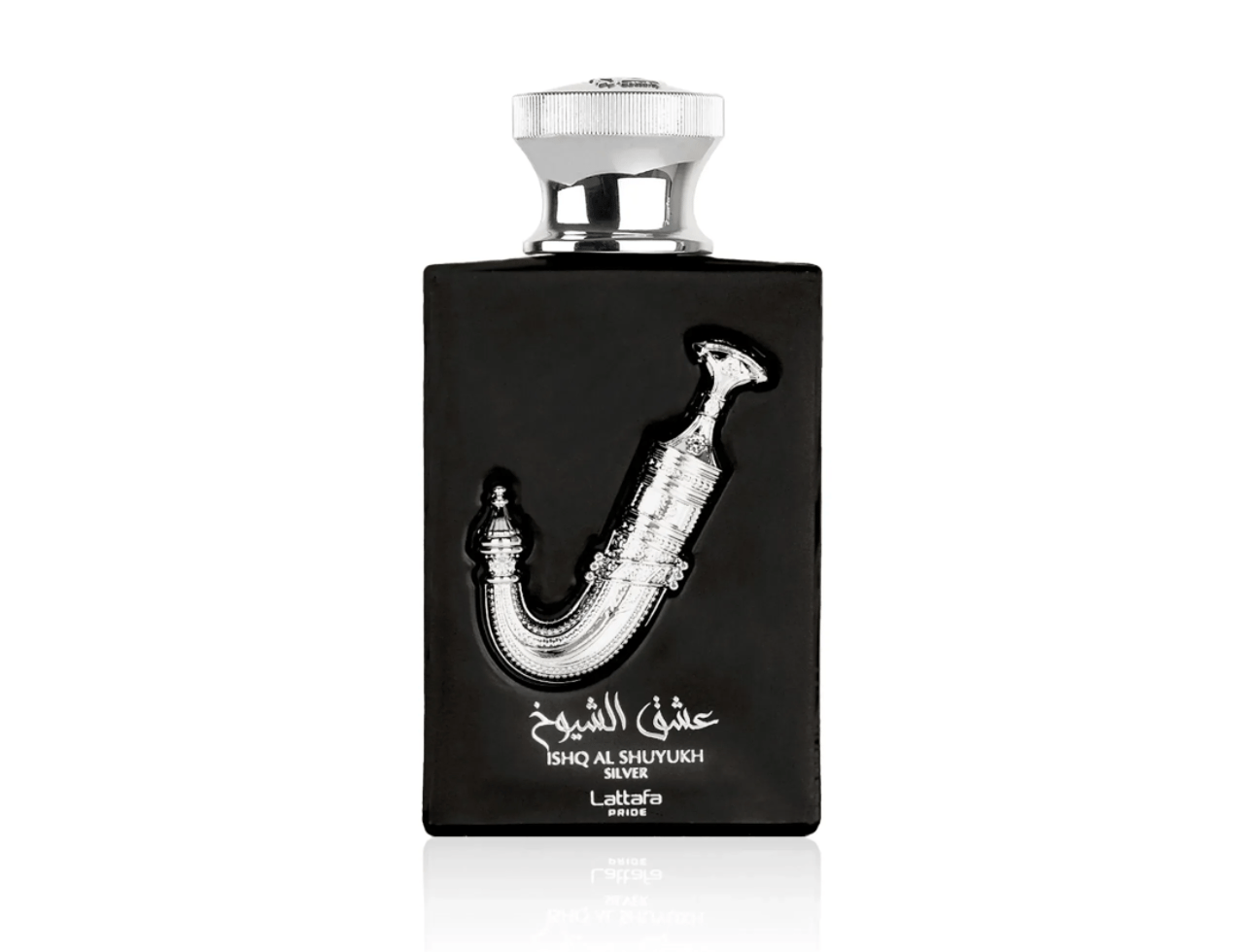 Lattafa Pride Ishq Al Shuyukh Silver — Black perfume bottle with silver Arabic dagger emblem and silver cap, isolated on white background with reflection.