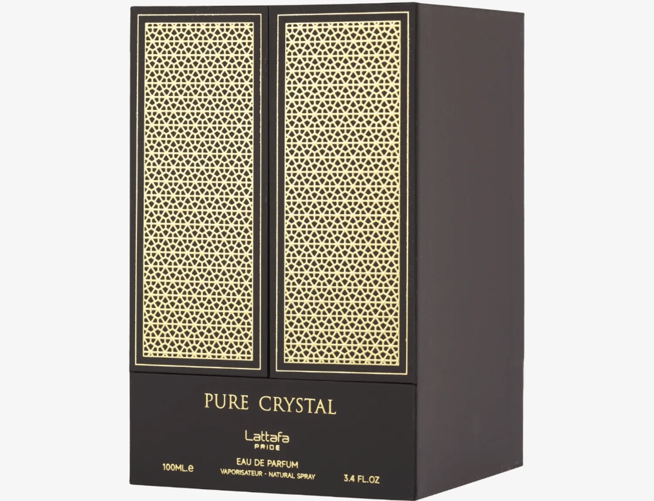Lattafa Pride Pure Crystal — Kotak hitam dengan corak geometri emas di pintu hadapan, teks "PURE CRYSTAL" dan "Lattafa PRIDE" kelihatan.
