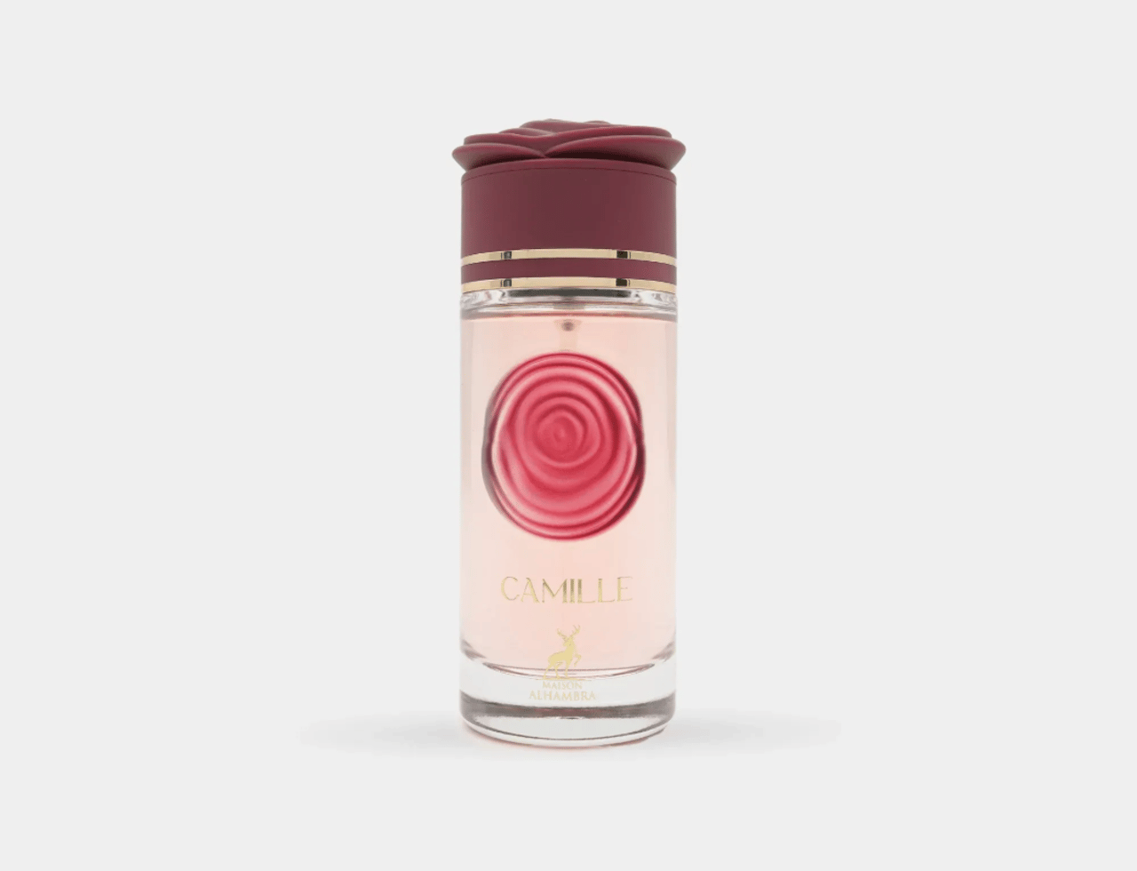Maison Alhambra Camille by Maison Alhambra 100ml EDP — A clear glass perfume bottle with pink liquid, a burgundy rose-shaped cap, and gold accents. Features a circular pink rose design on the label.