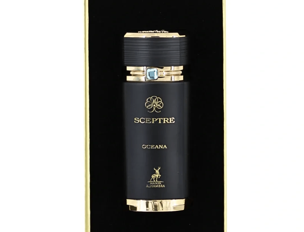 Maison Alhambra Sceptre Oceana by Maison Alhambra 100ml — Black perfume bottle with gold accents and a blue gem, presented in a black and gold box.