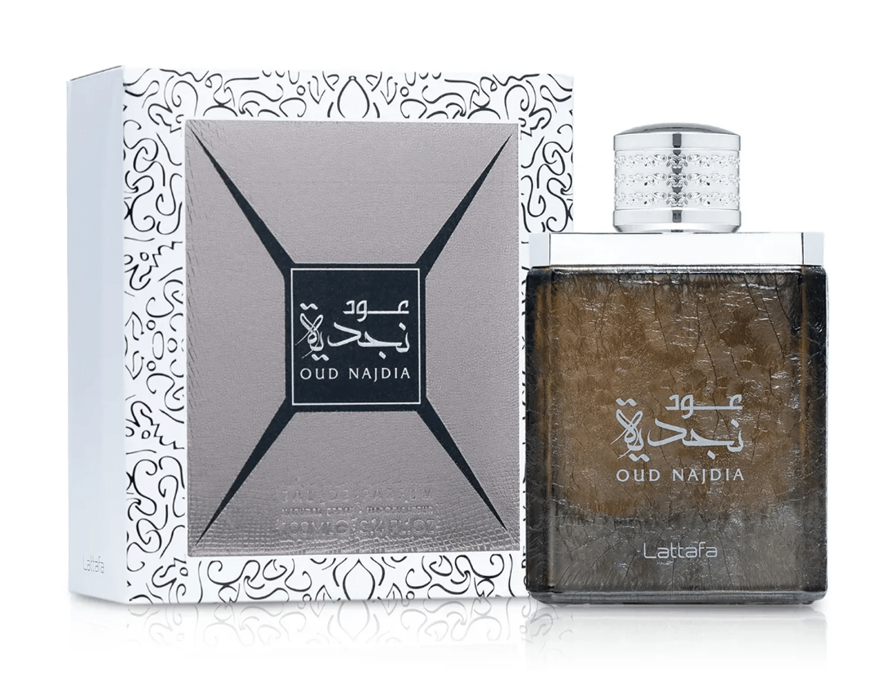 Lattafa Oud Najdia by Lattafa 100ml EDP — Botol minyak wangi segi empat gelap bertekstur dengan penutup perak berukir, tertulis skrip Arab dan 'OUD NAJDIA', di latar belakang putih dengan bayangan.