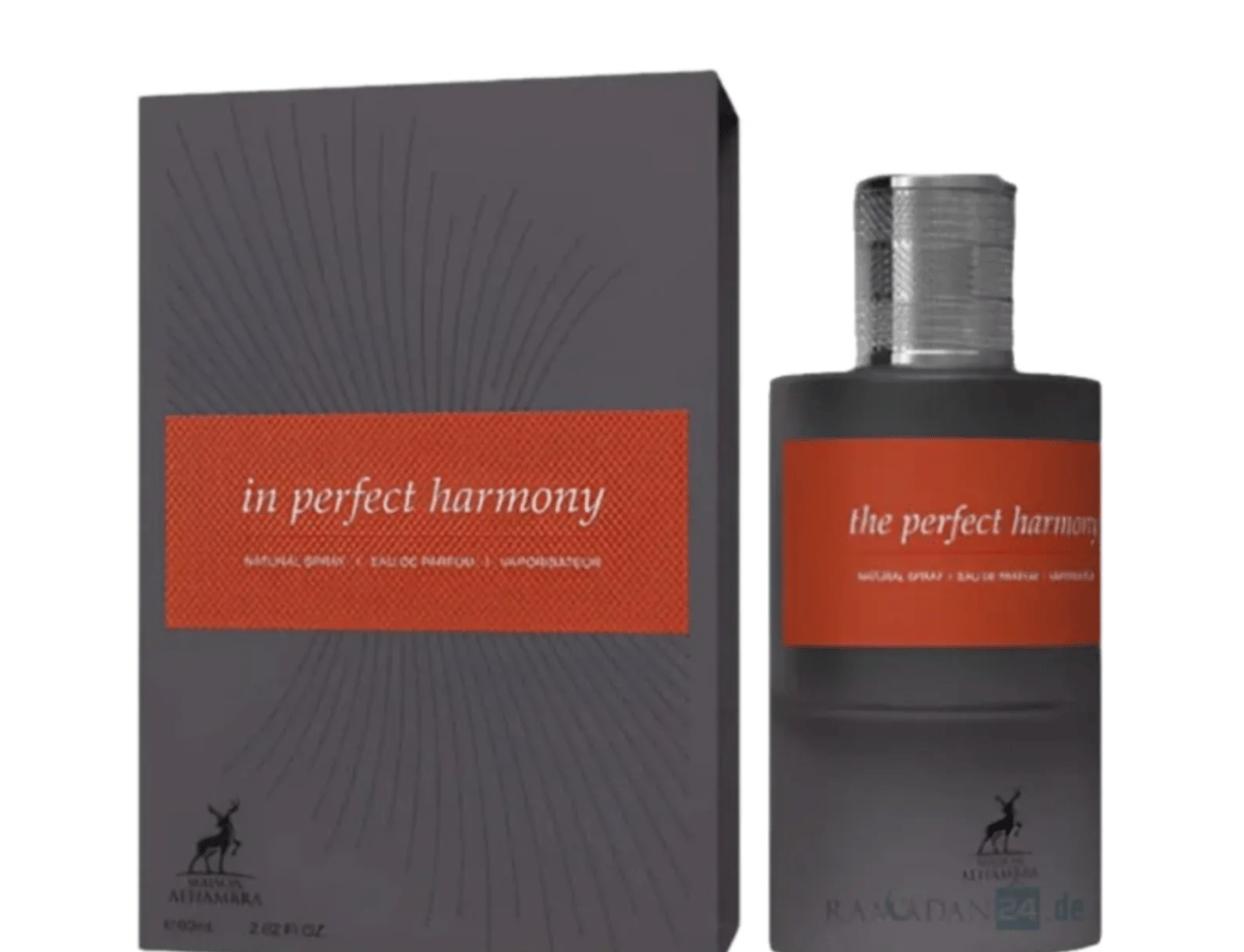 Maison Alhambra In Perfect Harmony 60ml EDP — Kotak kelabu berlabel oren dan corak pancaran matahari bersebelahan botol minyak wangi kelabu gelap berlabel oren dan penutup perak, di atas latar putih.