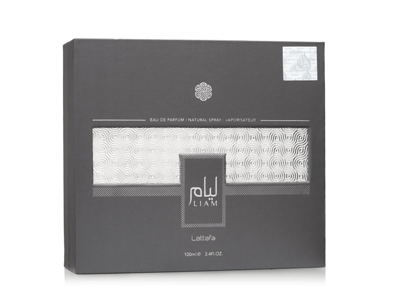 Lattafa Liam Grey oleh Lattafa 100ml EDP — Kotak kelabu dengan corak ombak perak timbul dan tulisan Arab untuk Liam, nama jenama Lattafa, dan isipadu.