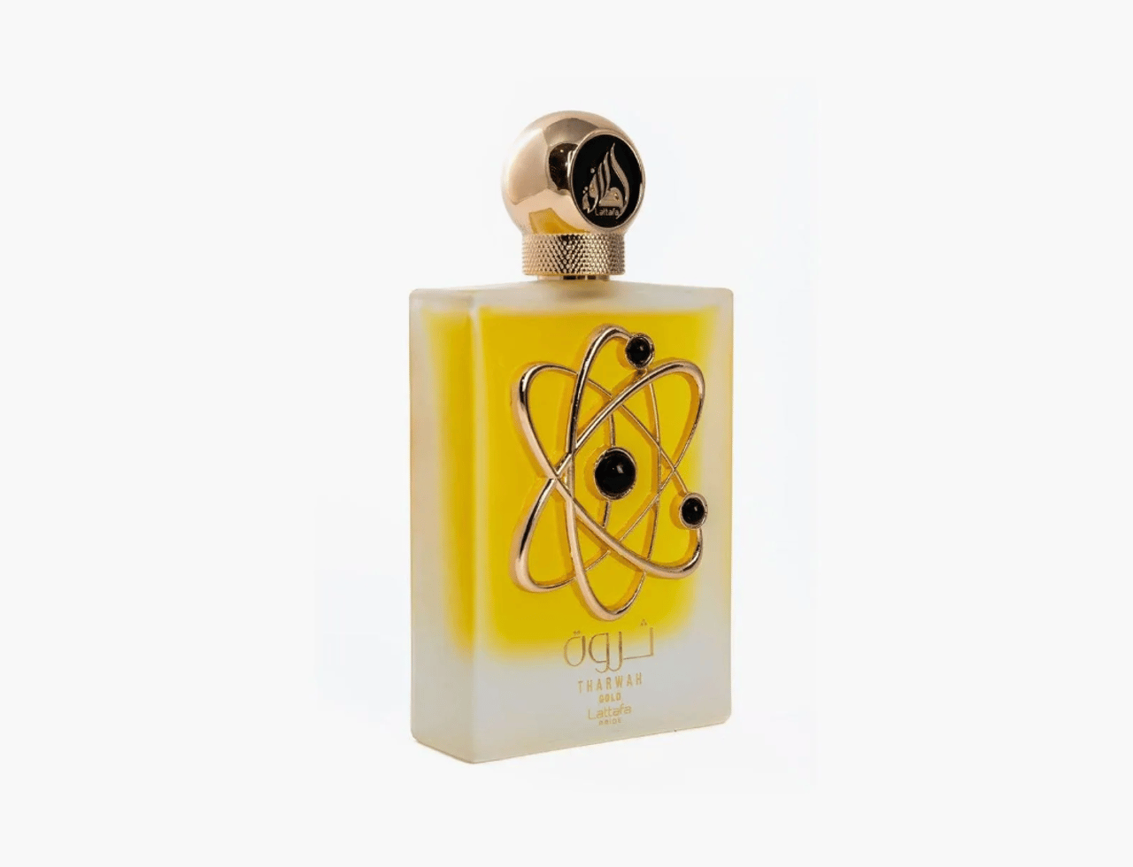 Lattafa Pride Tharwah Gold by Lattafa Pride 100ml EDP — Frosted glass bottle with yellow liquid, featuring a gold atom-like emblem with black beads, and a gold cap.