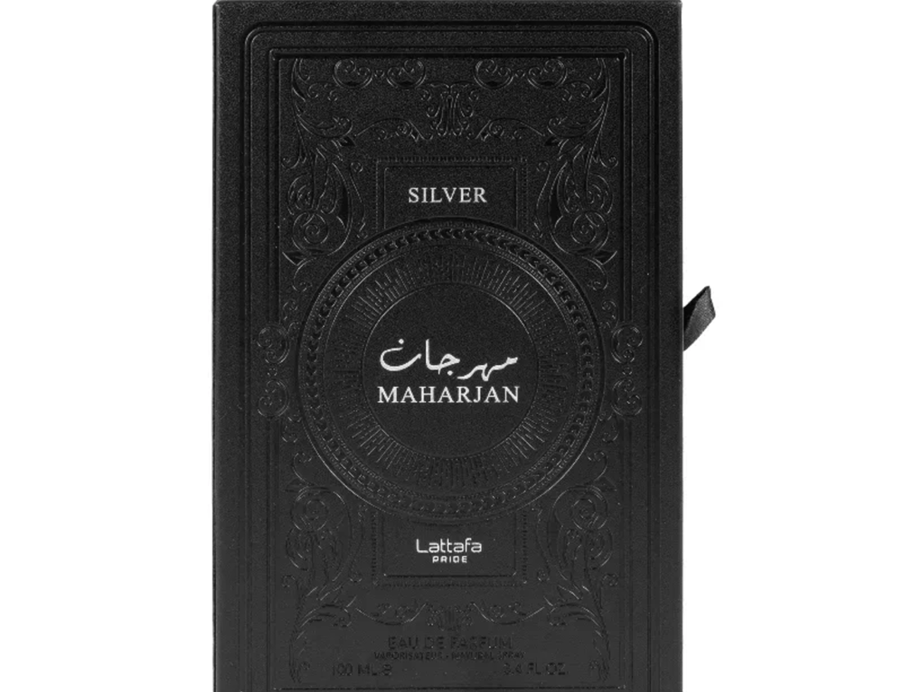 Lattafa Pride Maharjan Silver by Lattafa Pride 100ml EDP — Black embossed box with Arabic and English text, featuring 'Maharjan Silver' and 'Lattafa Pride' branding.
