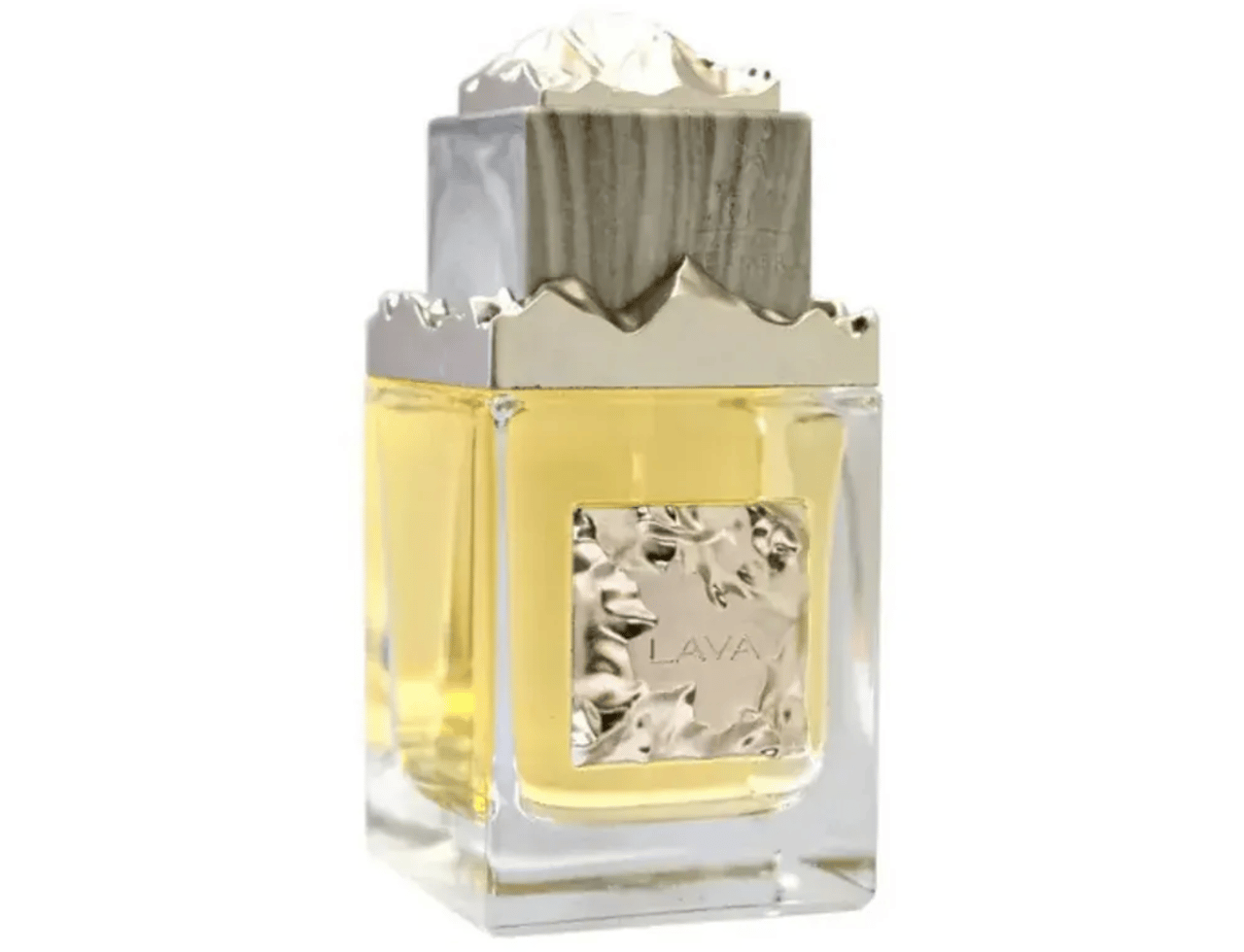 Maison Alhambra Lava by Maison Alhambra 100ml EDP — Botol minyak wangi kaca jernih berisi cecair kuning, label perak bertekstur, dan penutup kayu dengan aksen logam.