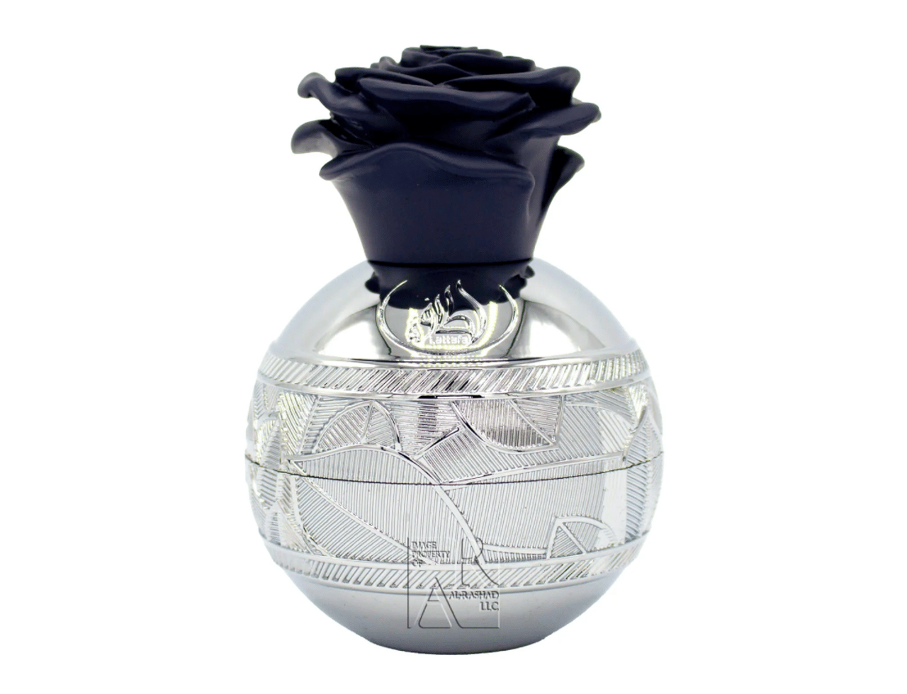 Lattafa Pride Thouq by Lattafa Pride 80ml EDP — Botol minyak wangi perak bulat dengan corak ukiran rumit dan penutup berbentuk mawar hitam, berlatar belakang putih.