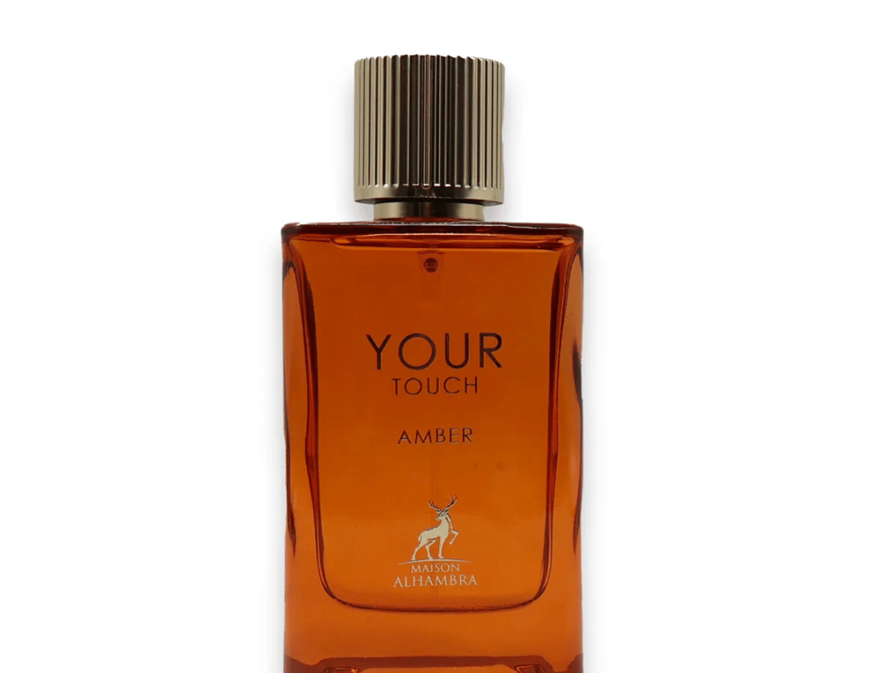 Maison Alhambra Your Touch Amber — Botol minyak wangi kaca oren dengan penutup berjalur emas, tertulis 'YOUR TOUCH AMBER' dan logo rusa.