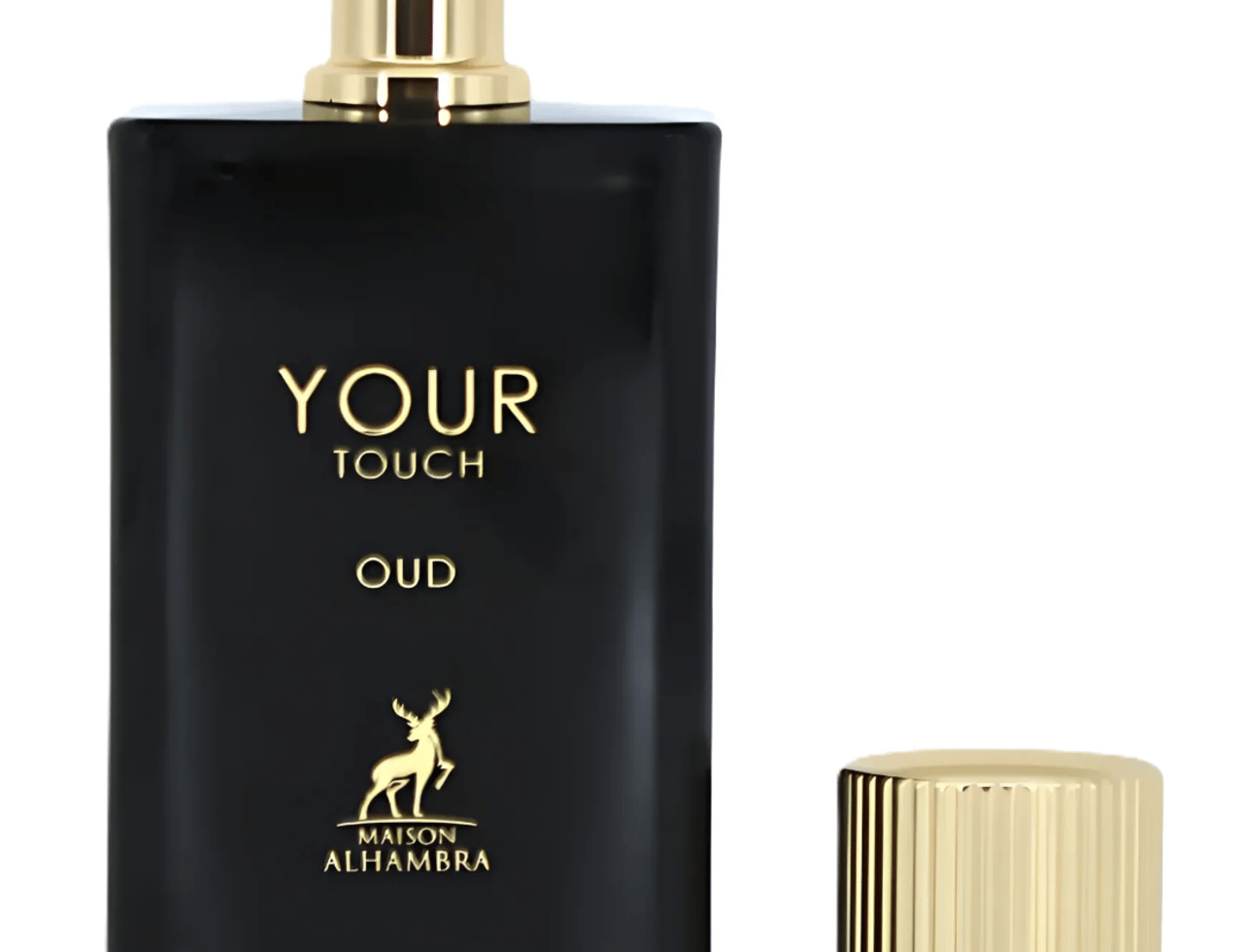 Maison Alhambra Your Touch Oud by Maison Alhambra 100ml EDP — Botol minyak wangi hitam dengan aksen emas dan penutupnya ditanggalkan, menunjukkan logo rusa dan tulisan.