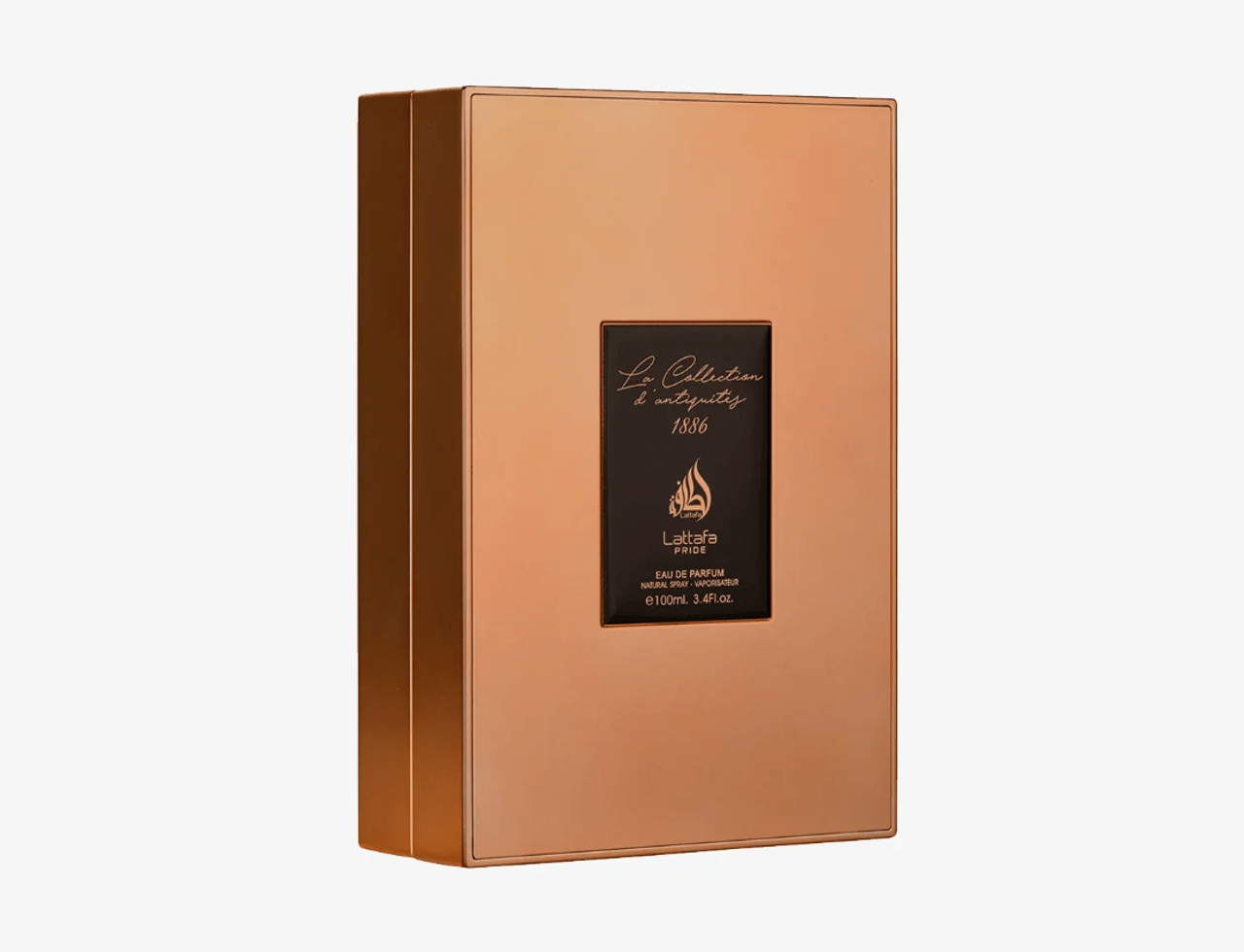 Lattafa Pride La Collection 1886 (Car) — Kotak minyak wangi segi empat berwarna emas ros dengan label hitam bertulis emas dan kaligrafi Arab.