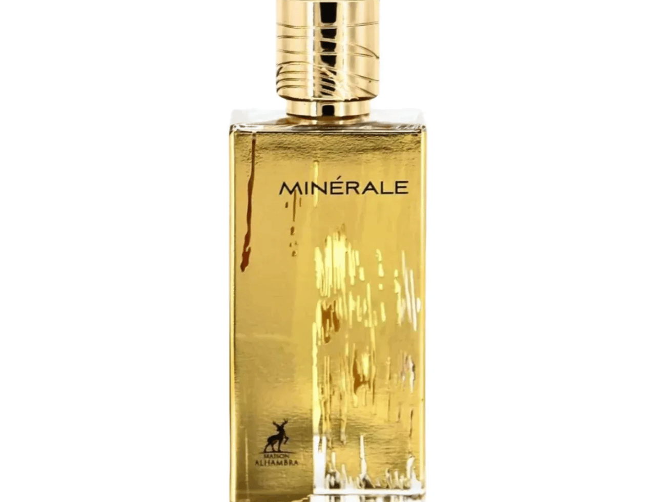 Maison Alhambra Minerale Gold by Maison Alhambra 100ml EDP — Tall rectangular gold bottle with textured metallic finish and a fluted gold cap, isolated on a white background.