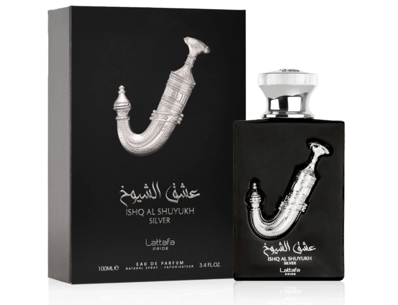Lattafa Pride Ishq Al Shuyukh Silver EDP — Kotak dan botol hitam dengan lambang keris perak, latar belakang putih