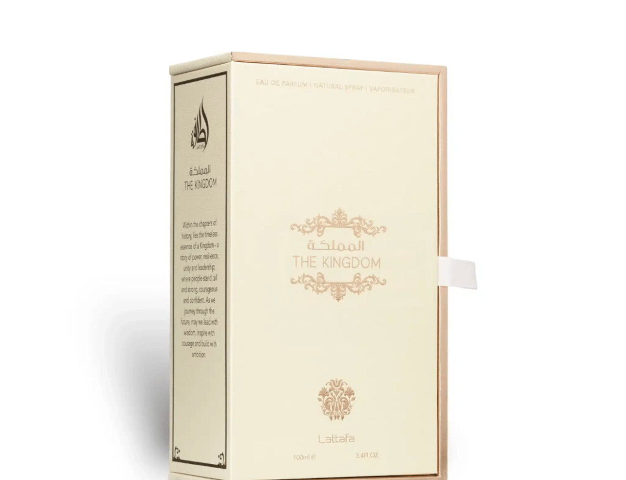 Lattafa The Kingdom Women by Lattafa 100ml EDP — A cream-colored perfume box with gold accents, featuring Arabic and English text, and a pull-tab.