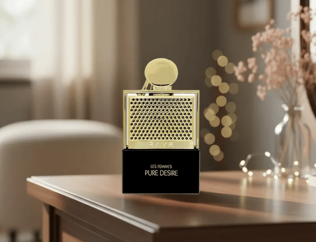 Pure Desire Gold by Rave — Gold-accented perfume bottle with a black base, placed on a wooden table with blurred bokeh lights in the background.