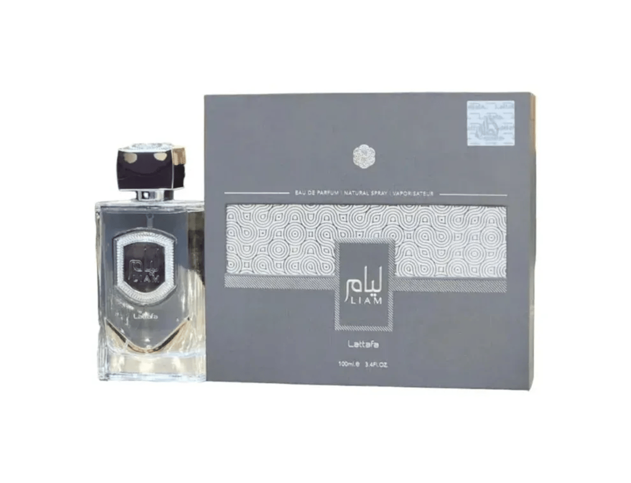 Lattafa Liam Grey by Lattafa 100ml EDP — A clear glass perfume bottle with a silver label and a textured silver cap, placed next to its grey and white patterned box.