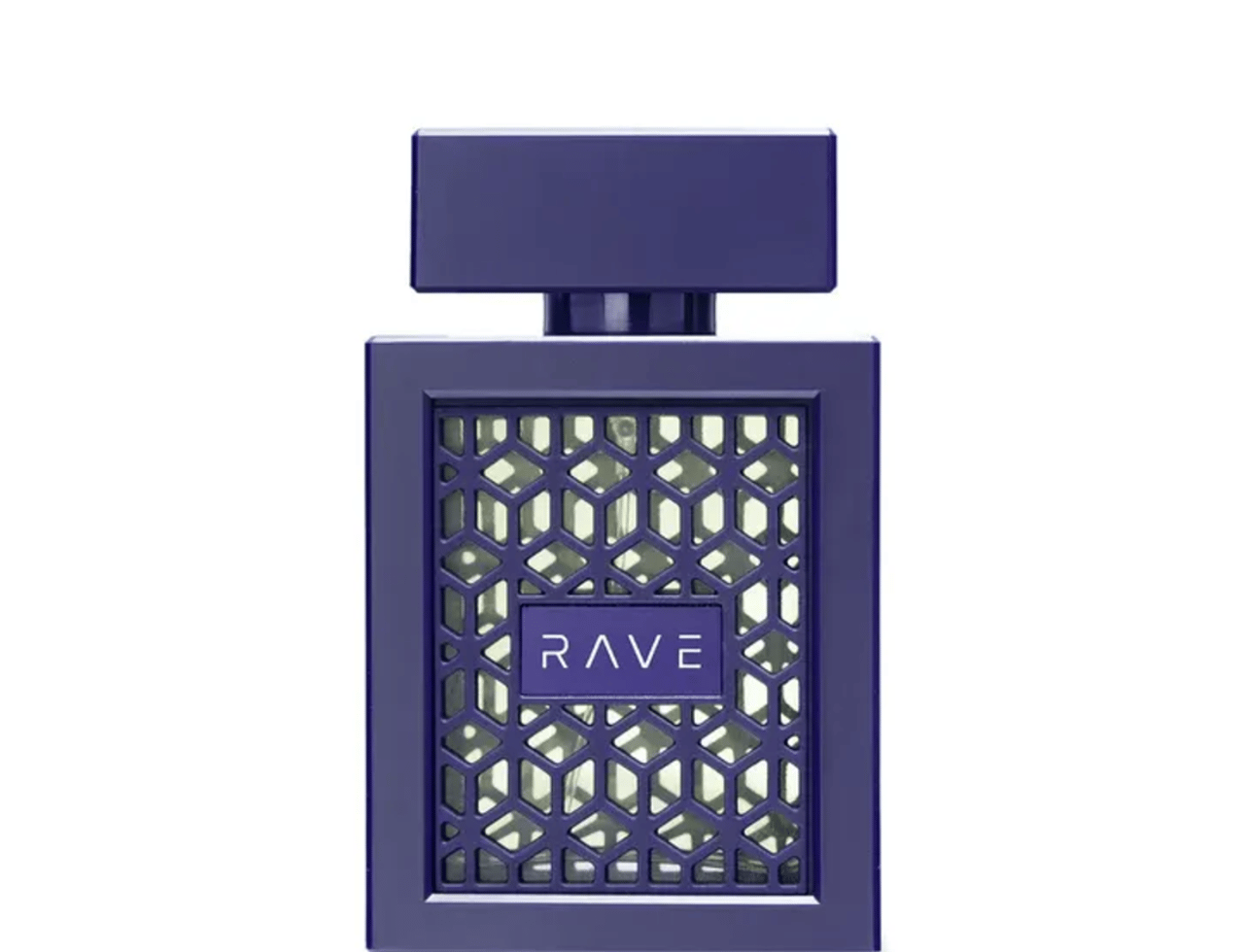 Rave Now Intense by Rave 100ml EDP — Botol minyak wangi biru gelap dengan corak geometri di hadapan dan perkataan RAVE berwarna putih, di atas latar belakang putih.