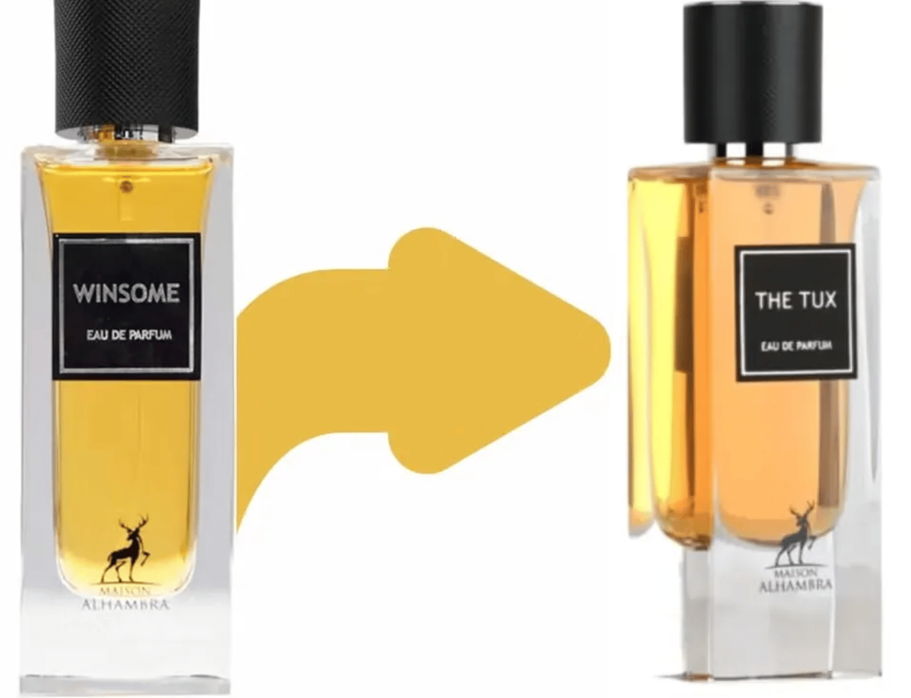Maison Alhambra Winsome by Maison Alhambra 90ml EDP — Dua botol minyak wangi, satu berlabel 'WINSOME' dan satu lagi 'THE TUX', dengan anak panah kuning menghala dari kiri ke kanan.
