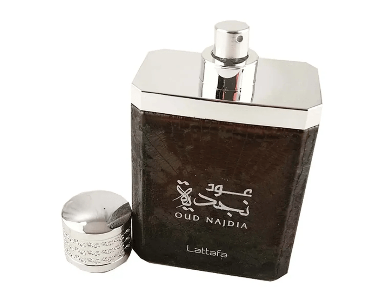 Lattafa Oud Najdia by Lattafa 100ml EDP — A dark brown, textured perfume bottle with a silver cap and Arabic script on the front, placed next to its detached silver cap.