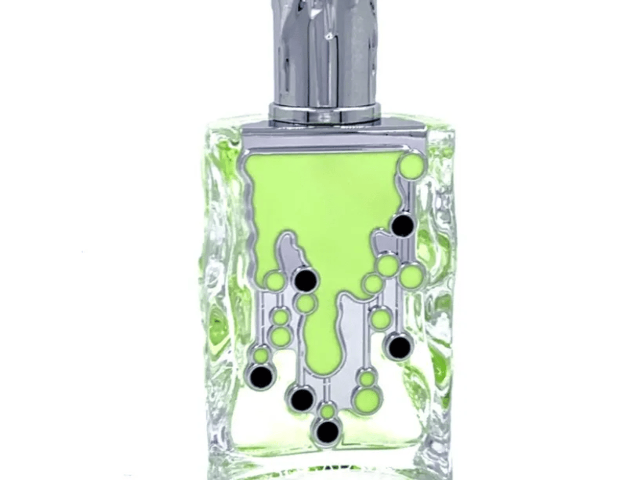 Maison Alhambra Sugar Me Pistachio Chocolate by Maison Alhambra 100ml EDP — Clear glass bottle with a lime green liquid, featuring a silver cap and a dripping design with black and silver circles on the front.