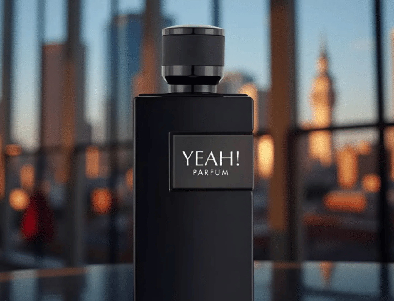 Maison Alhambra Yeah! Parfum Man by Maison Alhambra 100ml EDP — Black perfume bottle with a white label that says YEAH! PARFUM, set against a blurred city skyline at dusk.