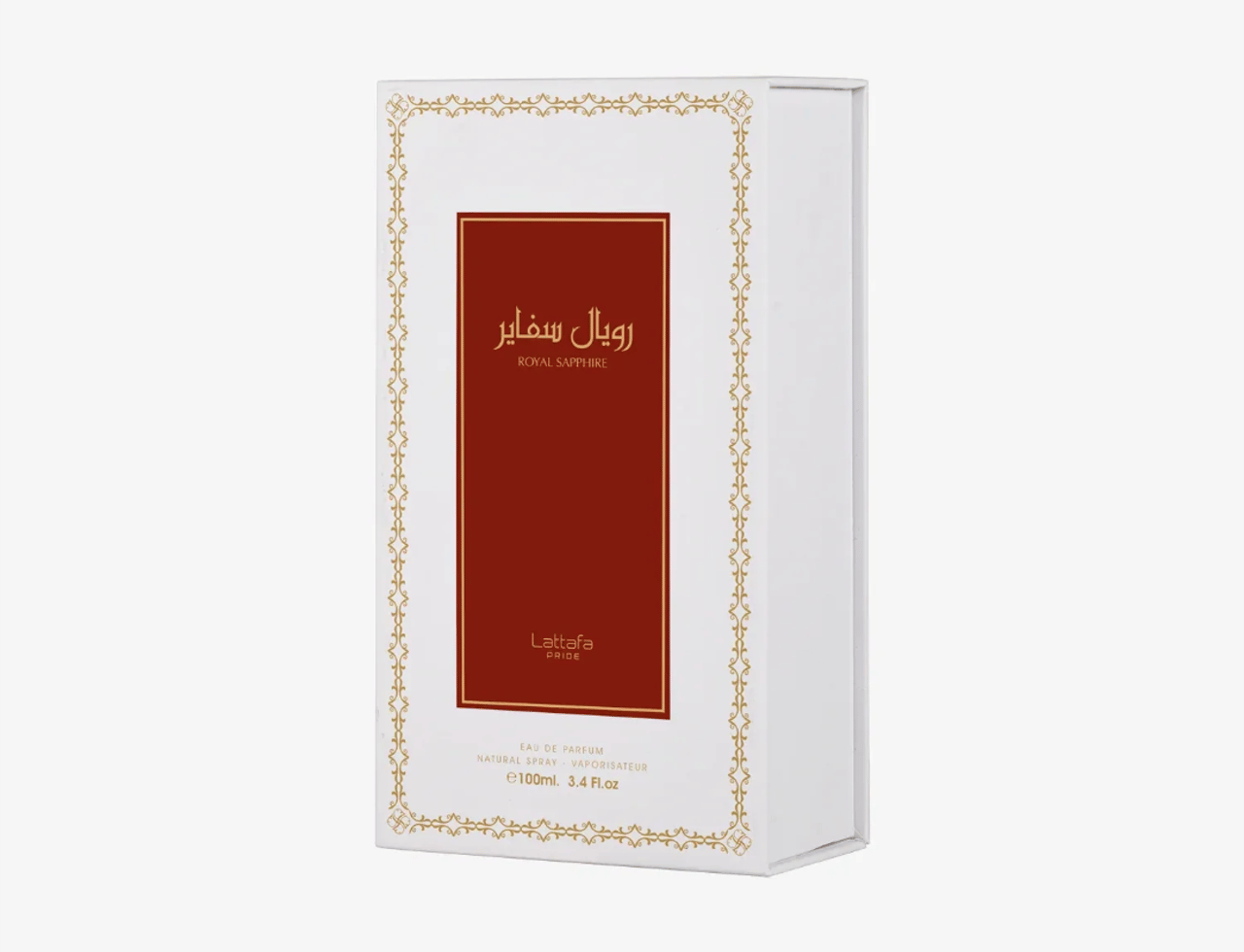 Lattafa Pride Sapphire Royal — White perfume box with gold ornate border, featuring a deep red panel with Arabic and English text.