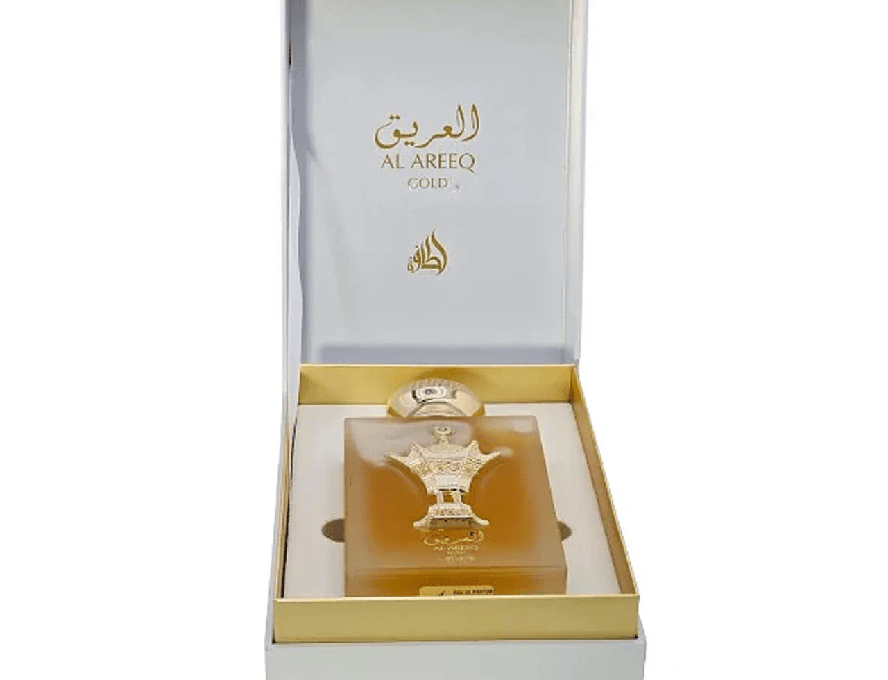 Lattafa Pride Al Areeq Gold by Lattafa Pride 100ml EDP — A square glass perfume bottle with a golden crown-like embellishment, presented in an open white and gold box with Arabic calligraphy.