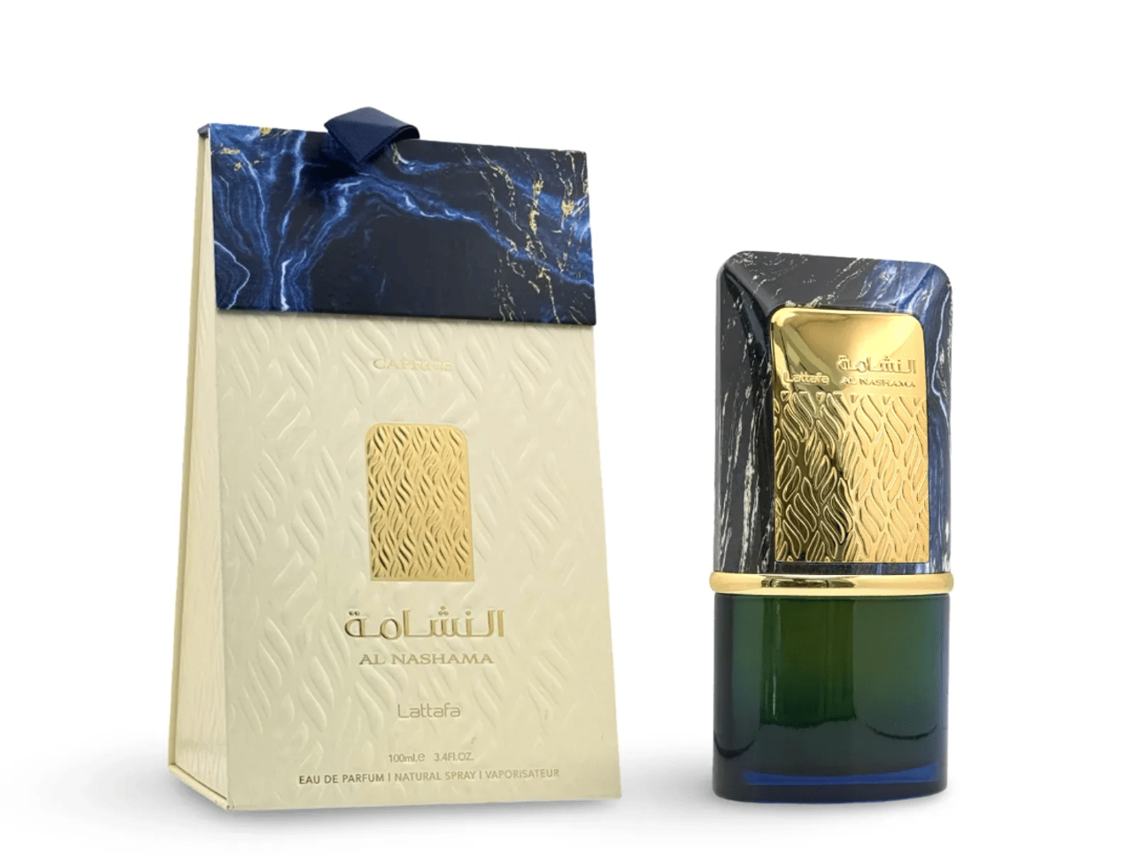 Lattafa Al Nashama Caprice by Lattafa 100ml EDP — Kotak wangian berwarna krim dengan corak bertekstur dan penutup atas bermotif marmar biru, berserta botol wangiannya yang bertutup emas dan badan kaca hijau gelap.