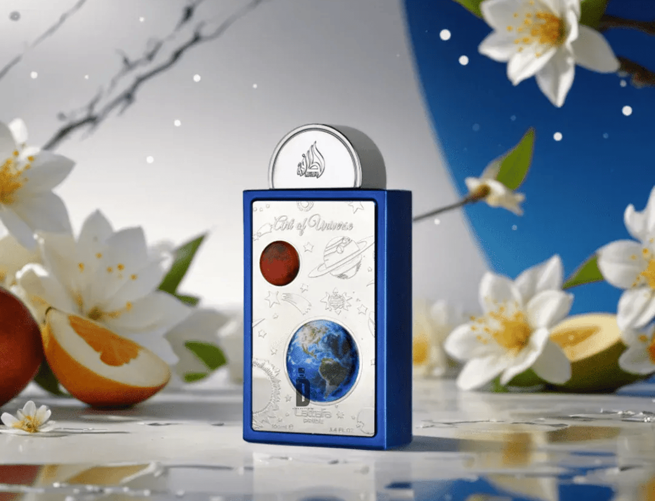 Lattafa Pride Art of Universe — Botol minyak wangi biru dengan rekaan samawi, menampilkan Bumi dan Marikh, bersama bunga putih dan hirisan buah di latar depan.