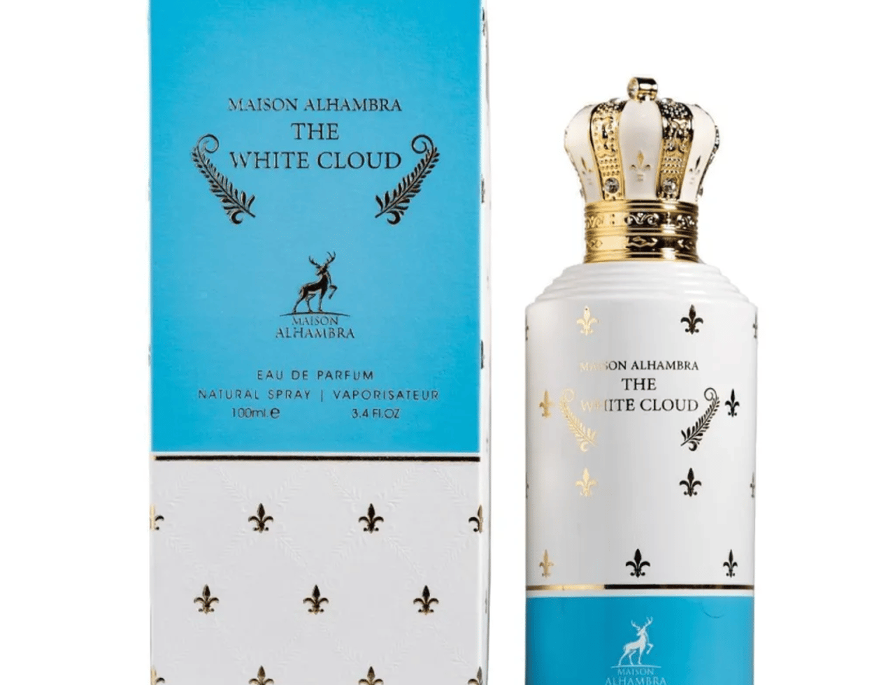 Maison Alhambra The White Cloud — White perfume bottle with a gold crown cap and blue and white patterned box, featuring gold fleur-de-lis and deer motifs.