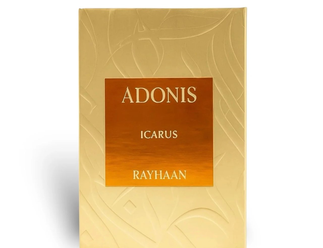 Rayhaan Adonis Icarus Rayhaan Perfume 100ml — Kotak minyak wangi emas bertekstur dengan corak daun, label segi empat berwarna gangsa dengan tulisan 'ADONIS', 'ICARUS', dan 'RAYHAAN'