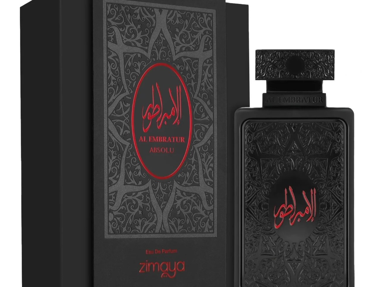 Zimaya Al Embratur Absolu Eau De Parfum 100ml — Set kotak dan botol wangian hitam matte dengan ukiran timbul dan tulisan Arab merah, penutup botol berukir.