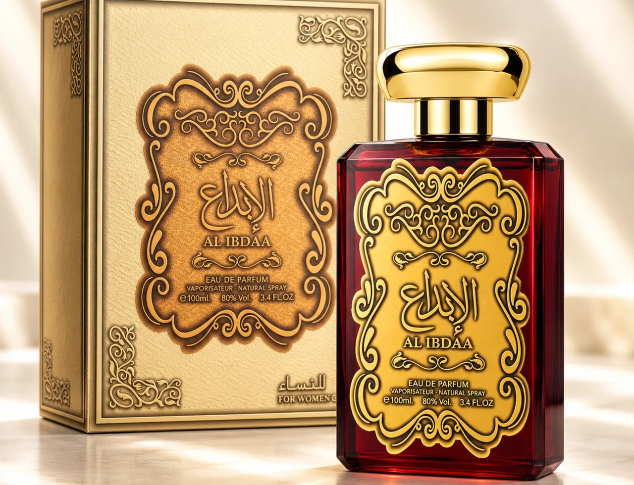 Ard Al Zaafaran Al Ibdaa Women Gold by Ard Al Zaafaran 100ml EDP Women — Red glass perfume bottle with gold ornate label and gold cap, next to its matching gold textured box with ornate details.